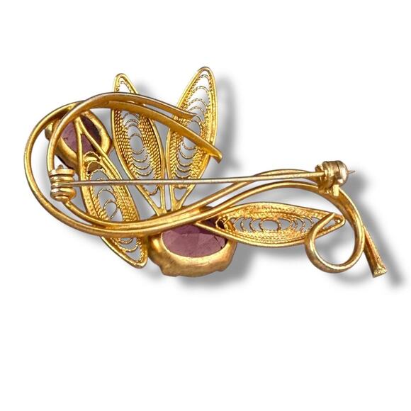 Vintage  Goldtone Filigree Amethyst  Pin Brooch Unmarked - Picture 4 of 5